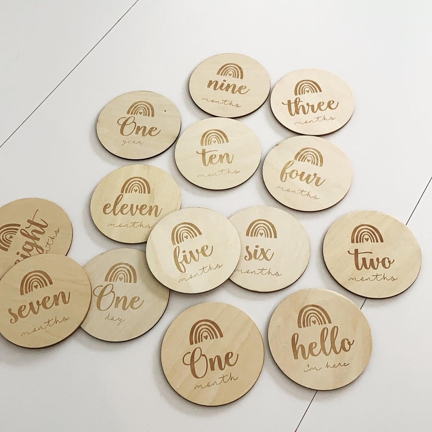 Rainbow + Heart Newborn Monthly Milestone Discs- Wood