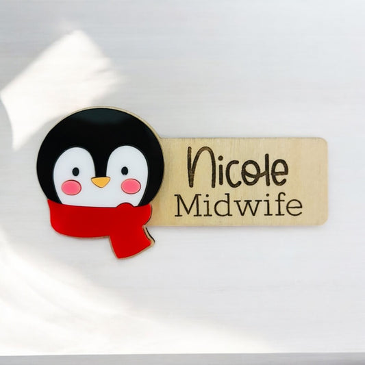 Penguin Personalised Acrylic + Birch Wood Name Badge