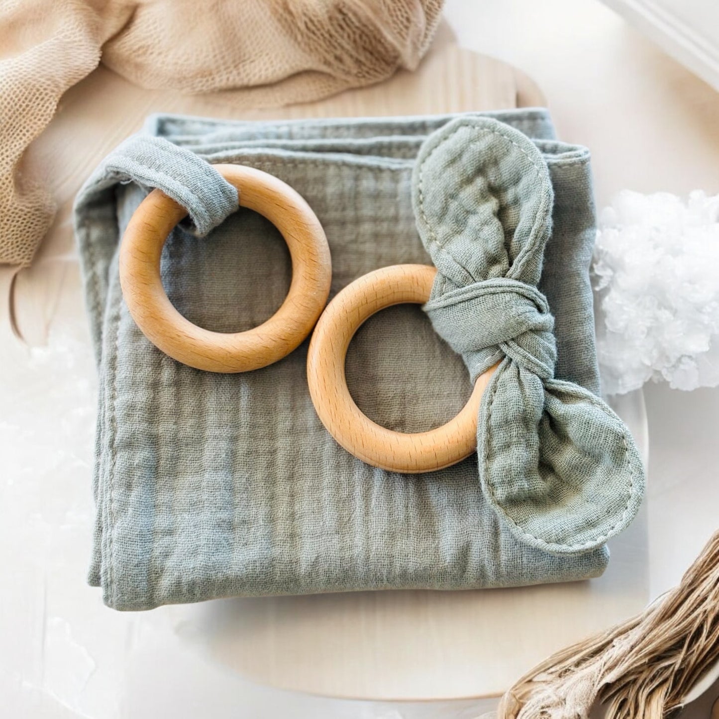 Eucalyptus Green Cloth + Birch Wood Teething Set