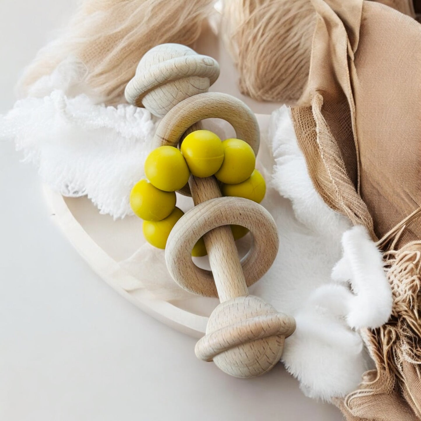 Yellow Silicone and Birch Wood Teether