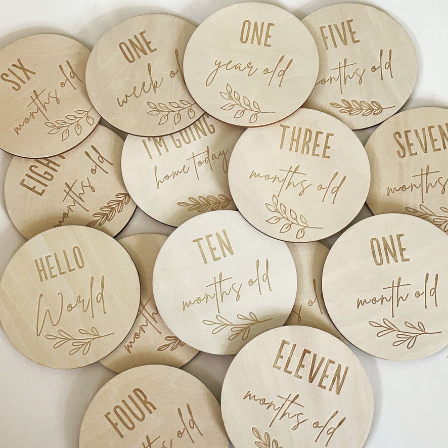 Floral Leaf Newborn Monthly Milestone Discs- Wood