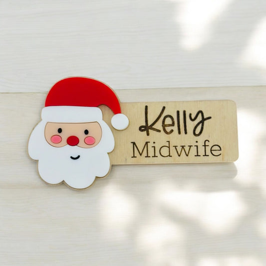 Santa Personalised Acrylic + Birch Wood Name Badge