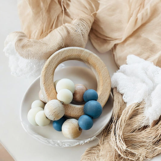 Blue + White Round  Silicone and Birch Wood Teether