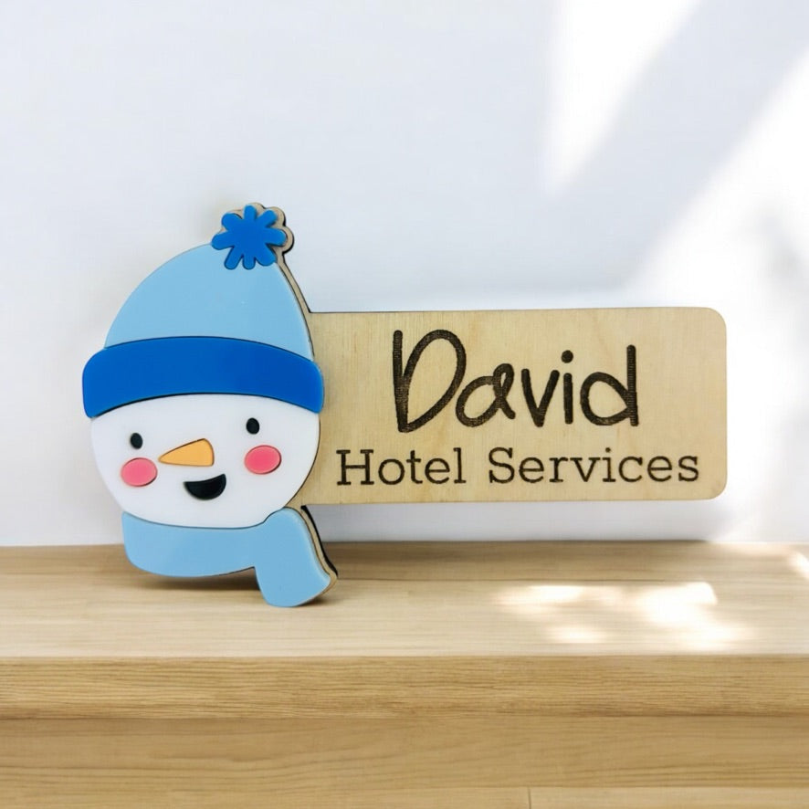 Snowman Personalised Acrylic + Birch Wood Name Badge