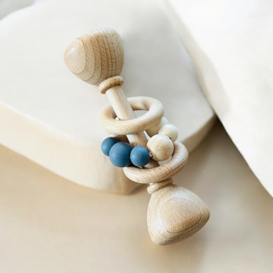 Blue + White  Silicone and Birch Wood Teether