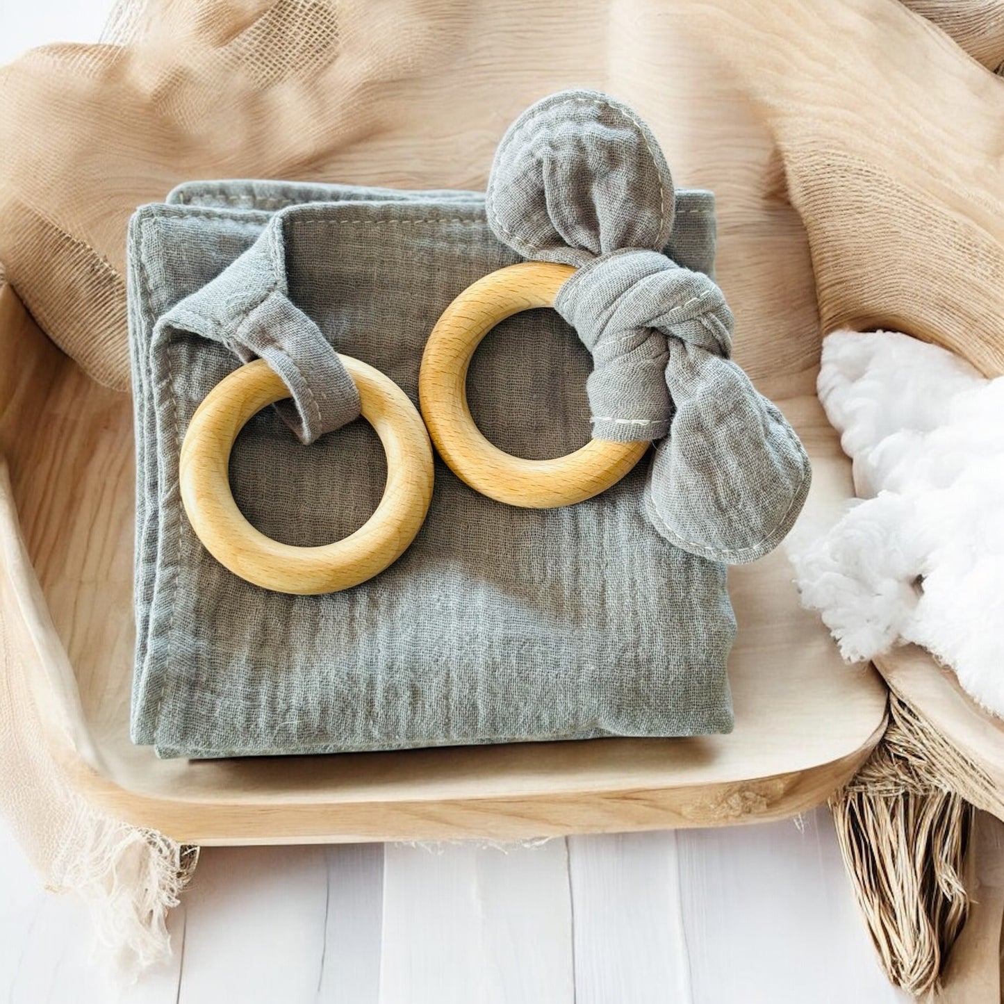 Grey Cloth + Birch Wood Teething Set