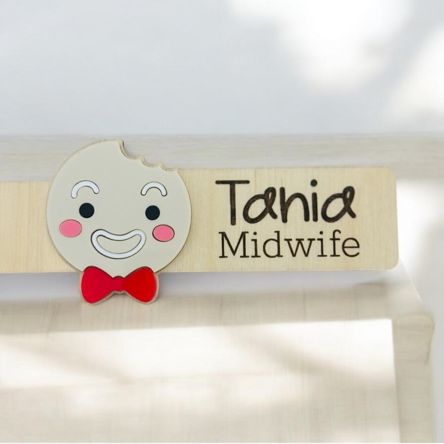 Gingerbread Man Personalised Acrylic + Birch Wood Name Badge