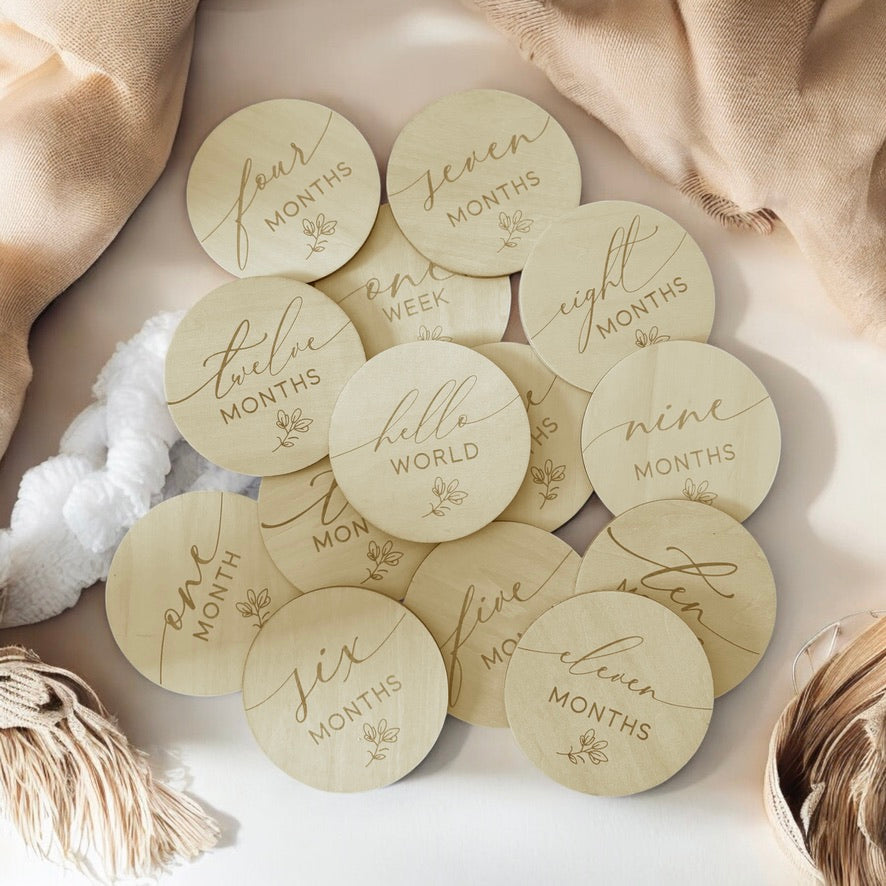 Leafy Newborn Monthly Milestone Discs- Wood