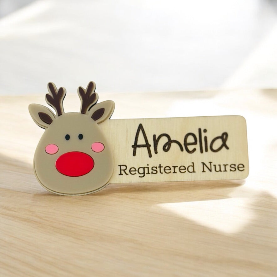 Rudolf Personalised Acrylic + Birch Wood Name Badge