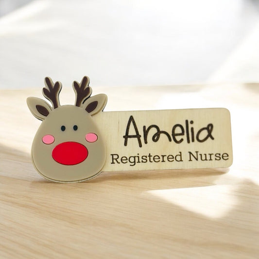 Rudolf Personalised Acrylic + Birch Wood Name Badge