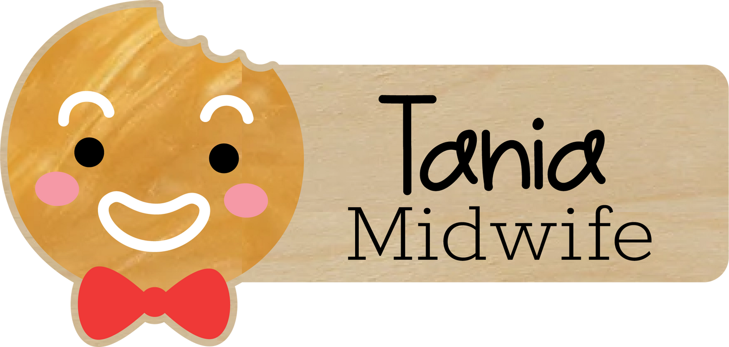 Gingerbread Man Personalised Acrylic + Birch Wood Name Badge