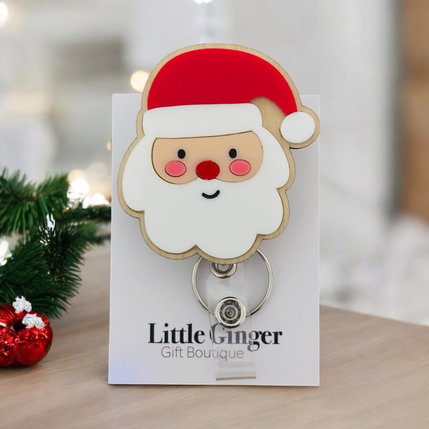 Christmas Santa Badge Reel- Acrylic + Birch Wood