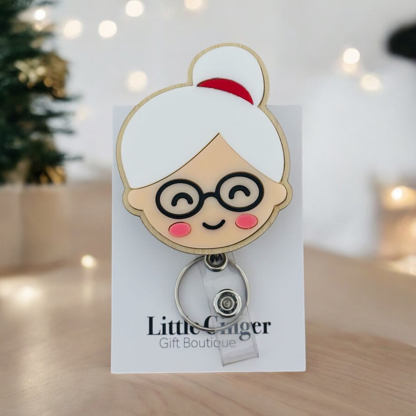 Christmas Mrs Claus Badge Reel- Acrylic + Birch Wood