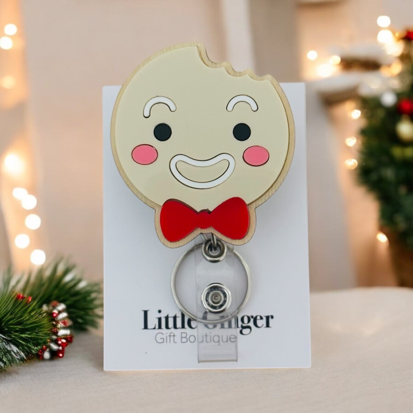 Christmas Gingerbread Man Badge Reel- Acrylic + Birch Wood