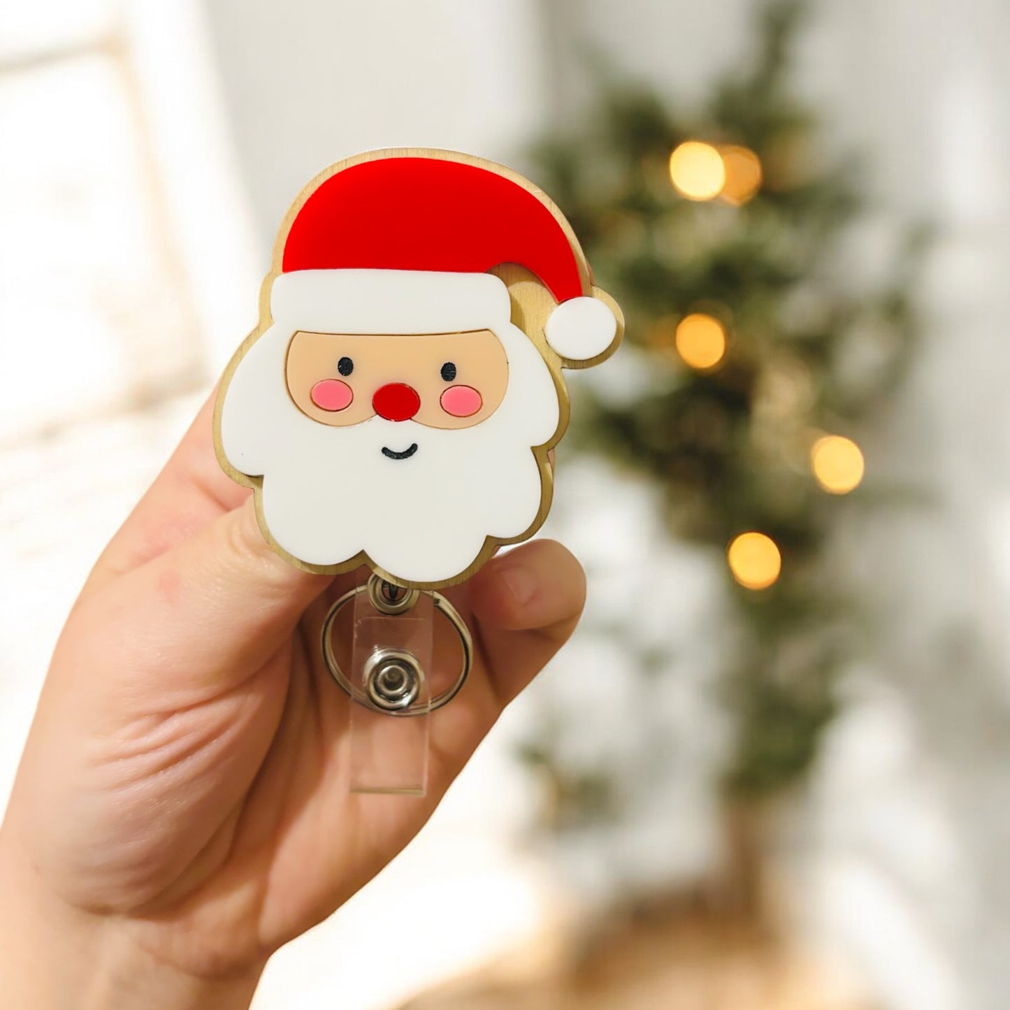 Christmas Santa Badge Reel- Acrylic + Birch Wood