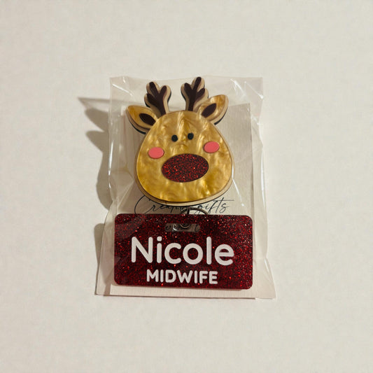 Christmas Rudolf Badge Reel- Acrylic + Birch Wood
