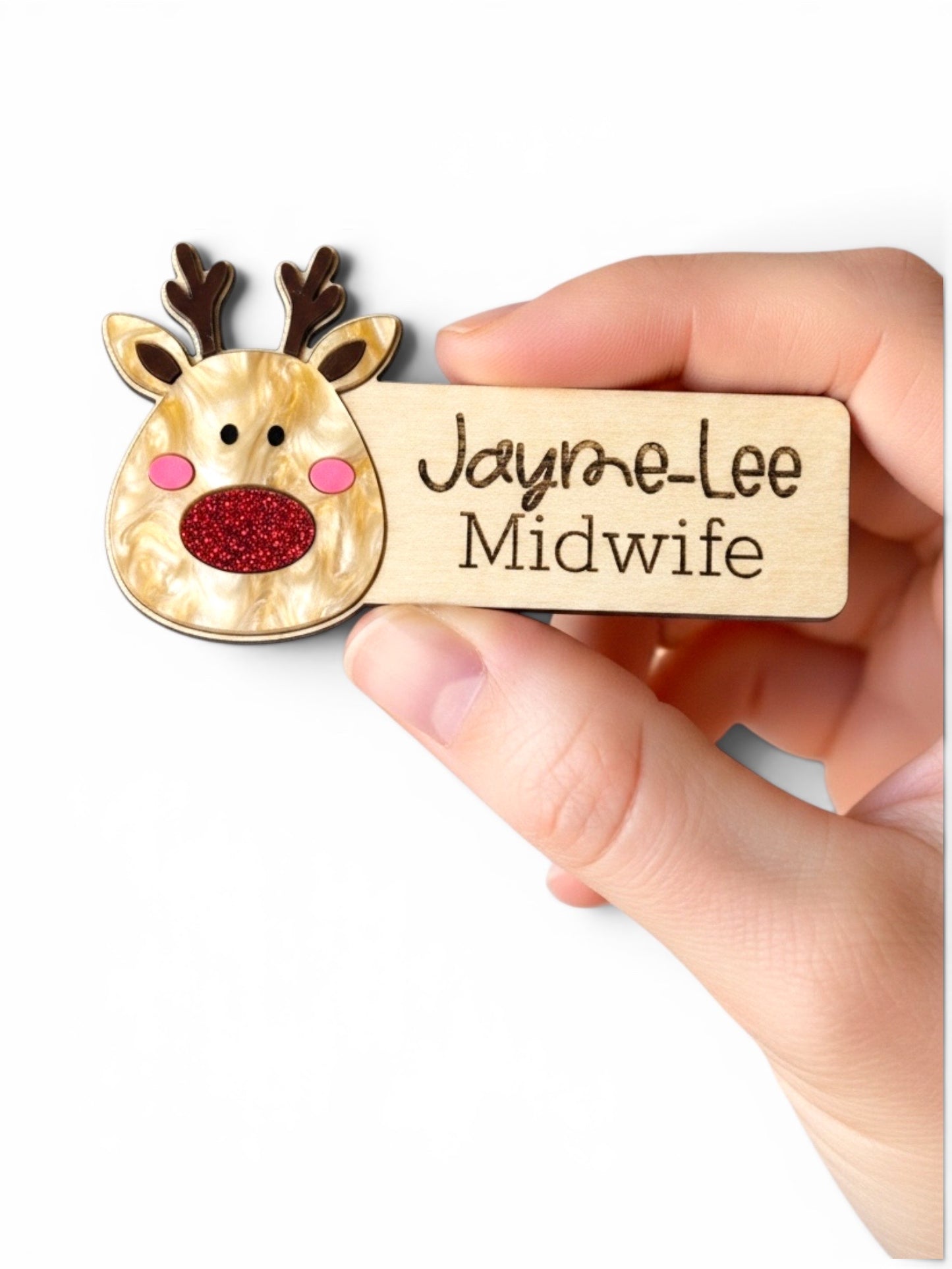 Rudolf Personalised Acrylic + Birch Wood Name Badge