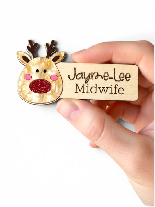 Rudolf Personalised Acrylic + Birch Wood Name Badge