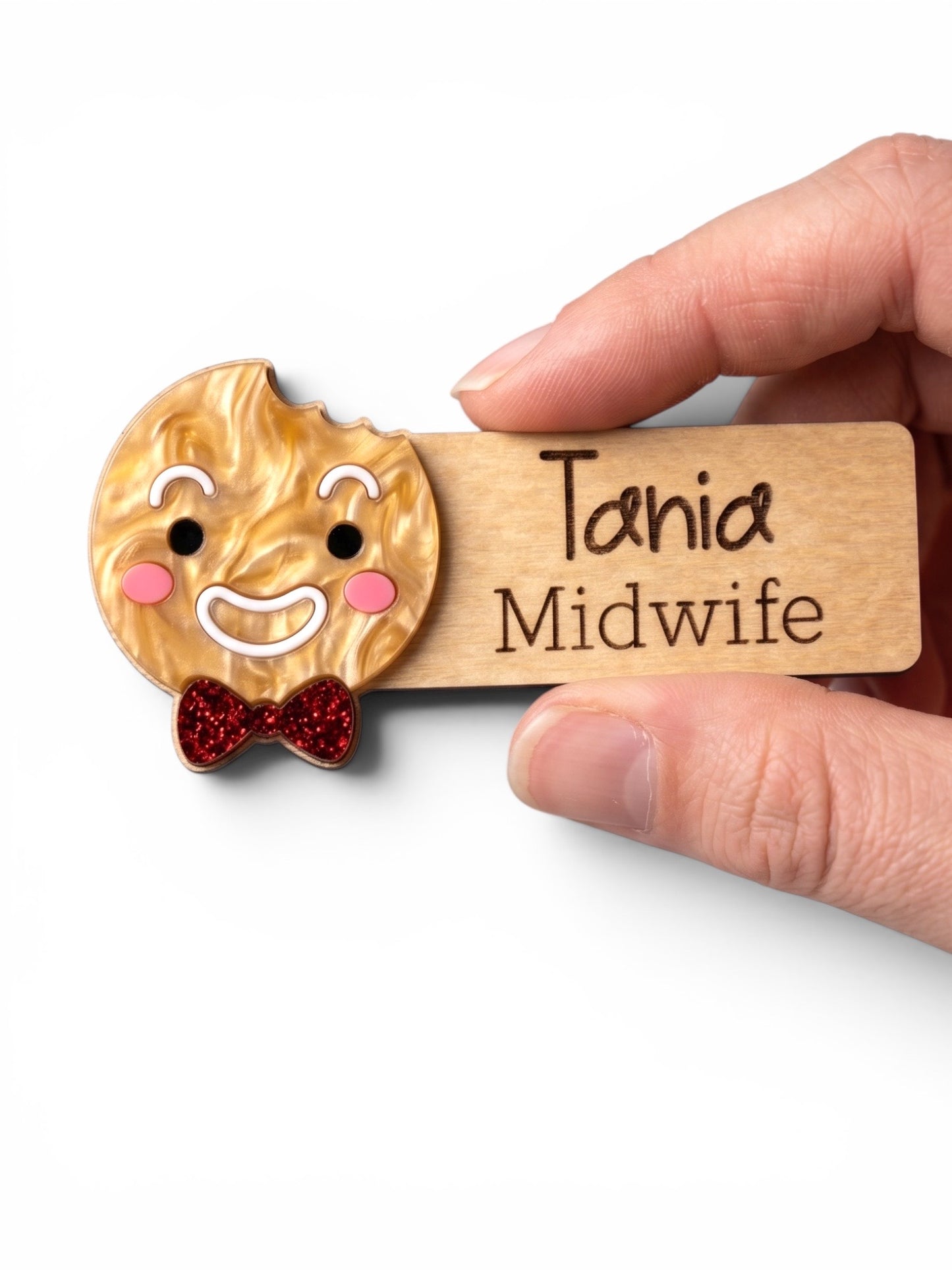 Gingerbread Man Personalised Acrylic + Birch Wood Name Badge