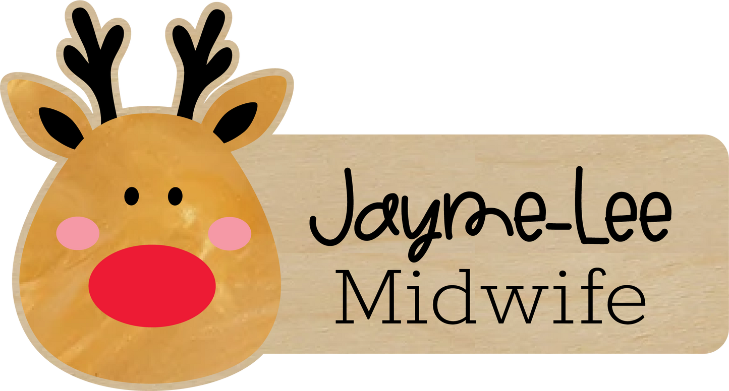 Rudolf Personalised Acrylic + Birch Wood Name Badge